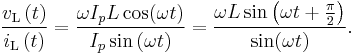 \frac{v_{\text{L}} \left( t \right)}{i_{\text{L}} \left( t \right)} = \frac{\omega I_p L \cos(\omega t)}{I_p \sin \left( \omega  t \right)}= \frac{\omega L \sin \left( \omega  t + \frac{\pi}{2}\right)}{\sin(\omega t)}.