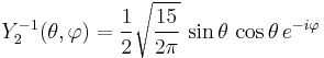 Y_{2}^{-1}(\theta,\varphi)={1\over 2}\sqrt{15\over 2\pi}\, \sin\theta\, \cos\theta\, e^{-i\varphi}