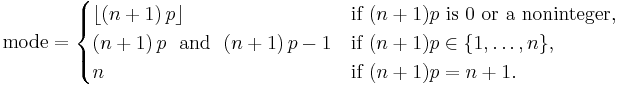 
    \text{mode} = 
      \begin{cases}
        \lfloor (n+1)\,p\rfloor & \text{if }(n+1)p\text{ is 0 or a noninteger}, \\
        (n+1)\,p\ \text{ and }\ (n+1)\,p - 1 &\text{if }(n+1)p\in\{1,\dots,n\}, \\
        n & \text{if }(n+1)p = n + 1.
      \end{cases}
  