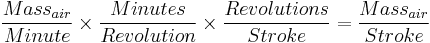 \frac{Mass_{air}}{Minute} \times \frac{Minutes}{Revolution} \times \frac{Revolutions}{Stroke} =\frac{Mass_{air}}{Stroke}