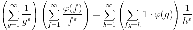 \left(\sum_{g=1}^\infty \frac{1}{g^s}\right) \left(\sum_{f=1}^\infty \frac{\varphi(f)}{f^s}\right) = \sum_{h=1}^\infty \left(\sum_{fg=h} 1 \cdot \varphi(g)\right) \frac{1}{h^s}