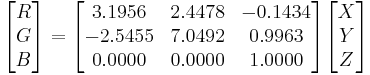 \begin{bmatrix} R \\ G \\ B \end{bmatrix} = \begin{bmatrix} 3.1956 & 2.4478 & -0.1434 \\ -2.5455 & 7.0492 & 0.9963 \\ 0.0000 & 0.0000 & 1.0000 \end{bmatrix} \begin{bmatrix} X \\ Y \\ Z \end{bmatrix}