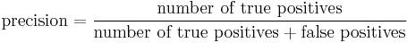 \text{precision}=\frac{\text{number of true positives}}{\text{number of true positives}+\text{false positives}}