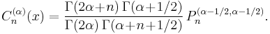 C_n^{(\alpha)}(x) = \frac{\Gamma(2\alpha\!+\!n)\,\Gamma(\alpha\!+\!1/2)}
{\Gamma(2\alpha)\,\Gamma(\alpha\!+\!n\!+\!1/2)}\! \  P_n^{(\alpha-1/2, \alpha-1/2)}.