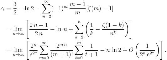 \begin{align} \gamma &= \frac{3}{2}- \ln 2 - \sum_{m=2}^\infty (-1)^m\,\frac{m-1}{m} [\zeta(m)-1] \\
 &= \lim_{n \to \infty} \left [ \frac{2\,n-1}{2\,n} - \ln\,n + \sum_{k=2}^n \left ( \frac{1}{k} - \frac{\zeta(1-k)}{n^k} \right ) \right ] \\
 &= \lim_{n \to \infty} \left [ \frac{2^n}{e^{2^n}} \sum_{m=0}^\infty \frac{2^{m \,n}}{(m+1)!} \sum_{t=0}^m \frac{1}{t+1} - n\, \ln 2+ O \left ( \frac{1}{2^n\,e^{2^n}} \right ) \right ].\end{align} 