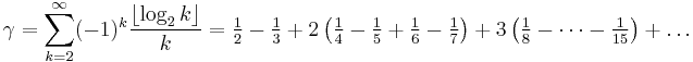 
 \gamma = \sum_{k=2}^\infty (-1)^k \frac{ \left \lfloor \log_2 k \right \rfloor}{k}
  = \tfrac12-\tfrac13
  + 2\left(\tfrac14 - \tfrac15 + \tfrac16 - \tfrac17\right)
  + 3\left(\tfrac18 - \dots - \tfrac1{15}\right) + \dots
