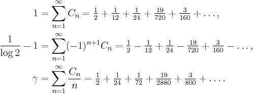 
\begin{align}
  1 &= \sum_{n=1}^{\infty}C_n
    = \tfrac12 + \tfrac1{12} + \tfrac1{24} + \tfrac{19}{720} + \tfrac3{160} + \dots,\\
 \frac1{\log2} - 1 &= \sum_{n=1}^{\infty}(-1)^{n+1}C_n
    = \tfrac12 - \tfrac1{12} + \tfrac1{24} - \tfrac{19}{720} + \tfrac3{160} - \dots,\\
 \gamma &= \sum_{n=1}^{\infty}\frac{C_n}{n}
  = \tfrac12 + \tfrac1{24} + \tfrac1{72} + \tfrac{19}{2880} + \tfrac3{800} + \dots.
\end{align}
