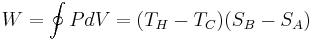 W = \oint PdV = 


                            (T_H-T_C)(S_B-S_A)