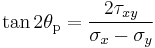 \tan 2 \theta_\mathrm{p} = \frac{2 \tau_{xy}}{\sigma_x - \sigma_y}\,\!