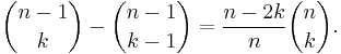 \binom {n-1}{k} - \binom{n-1}{k-1} = \frac{n-2k}{n} \binom{n}{k}.