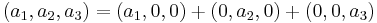  ( a_1 , a_2 , a_3) = ( a_1 ,0,0) + (0, a_2 ,0) + (0,0, a_3) \,