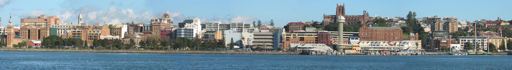 panorama of Newcastle harbour foreshore and central business district from the Stockton ferry wharf carpark