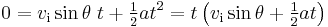 0 = v_{\mathrm{i}} \sin \theta \; t + \tfrac{1}{2} at^2 = t\left(v_{\mathrm{i}} \sin \theta + \tfrac{1}{2} at \right)