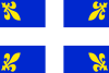 A rectangular flag with a blue background divided into quadrants by thick white lines. Each quadrant has a small gold fleur-de-lis near the outer corner with the top pointed in toward the center.