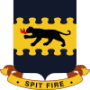 an insignia with a dark four-legged feline animal breathing fire on a yellow back ground.  There is a blue artisitic border at the top and bottom.  Beneath a banner reads Spit fire.