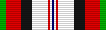 A multicolored military ribbon. From left to right the color pattern is; thin green stripe, thick red stripe, black stripe, very thick white stripe, thin red stripe, thin white stripe, thin black stripe, think white stripe, thin red stripe, very thick white stripe, black stripe, thick red stripe, think green stripe.