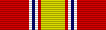 A multicolored military ribbon. From left to right the color pattern is; very thick red stripe, thin white stripe, thin blue stripe, thin white stripe, thin red stripe, very thick gold stripe, thin red stripe, thin white stripe, thin blue stripe, thin white stripe, very thick red stripe.