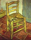 A chair with a pipe and a heaping of tobacco in it on a tiled floor with a box in the background that reads "Vincent" and two walls meeting in a corner behind the chair