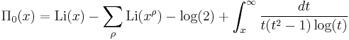 \Pi_0(x) = \operatorname{Li}(x) - \sum_\rho \operatorname{Li}(x^\rho) -\log(2) +\int_x^\infty\frac{dt}{t(t^2-1)\log(t)}