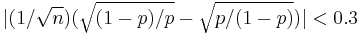 |(1/\sqrt{n})(\sqrt{(1-p)/p}-\sqrt{p/(1-p)})|<0.3