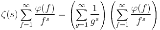 \zeta(s) \sum_{f=1}^\infty \frac{\varphi(f)}{f^s} = \left(\sum_{g=1}^\infty \frac{1}{g^s}\right)\left(\sum_{f=1}^\infty \frac{\varphi(f)}{f^s}\right)