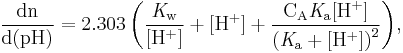 \mathrm{\frac{dn}{d(pH)}=2.303 \left(\frac{\mathit{K}_w}{[H^+]}+[H^+]+\frac{C_A \mathit{K}_a[H^+]}{\left(\mathit{K}_a+[H^+]\right)^2} \right)},