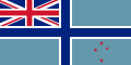 Dark blue cross with white border on powder blue background, with Union Flag as top-left quarter and red stars in bottom-right corner.