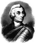 A black-and-white drawing of a young man looking to his left, wearing a short white wig. He is dressed elegantly in a robe and a white collar.