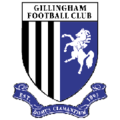 A shield with the words "Gillingham Football Club" in the top portion and the remainder divided into two sections, the left containing black and white vertical stripes and the right a depiction of a white horse rearing up on its hind legs on a blue background