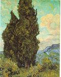 A pair of large trees to the left, one so tall it goes out of the top of the picture and mountains in the distance along the horizon. The afternoon sky is painted with bright blue and green swirls with white clouds and a visible daytime crescent moon also surrounded by swirls and halos. The dark green trees to the left are painted with thick impasto brush-strokes and swirls as well as the lighter yellow-green grasses in the foreground below.