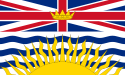 Flag with horizontally stretched Union Flag as top half. The lower half is a large yellow sun over blue and white waves.