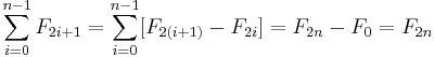 \sum_{i=0}^{n-1} F_{2i+1} = \sum_{i=0}^{n-1} [ F_{2(i+1)}-F_{2i} ] = F_{2n}-F_{0} = F_{2n}