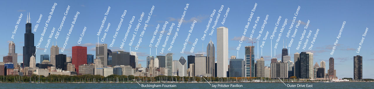 The skyline of a city with many large skyscrapers; in the foreground are a green park and a lake with many sailboats moored on it. Over 30 of the skyscrapers and some park features are labeled.