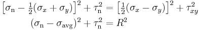 \begin{align}
\left[ \sigma_\mathrm{n} - \tfrac{1}{2} ( \sigma_x + \sigma_y )\right]^2 + \tau_\mathrm{n}^2 &= \left[\tfrac{1}{2}(\sigma_x - \sigma_y)\right]^2 + \tau_{xy}^2 \\
(\sigma_\mathrm{n} - \sigma_\mathrm{avg})^2 + \tau_\mathrm{n}^2 &= R^2 \end{align}\,\!