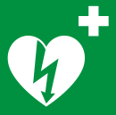 The universal AED sign, developed by the International Liaison Committee on Resuscitation