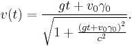 v(t) =\frac{gt + v_0\gamma_0}{\sqrt{1 + \frac{ \left(gt + v_0\gamma_0\right)^2}{c^2}}}.