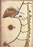 A detailed drawing of a map of a distinct peninsula with a walled city, and a curved bay below it. Mountains are included on the right, as is a compass rose on the left.