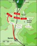 Map of the battlefield: in the middle, four red boxes, depicting the Lancastrians, are above four white boxes, denoting the Yorkists. Arrows extend from the boxes on the right flanks of each force, showing their movements.