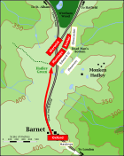 Map of the battlefield in the late stage: the boxes that represent Hasting's and Oxford's forces are at the bottom. Their arrows show Hasting's retreat and Oxford's return to the main battle just above the middle of the map.