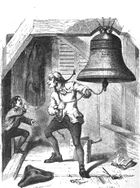 An elderly man looks excitedly around as a boy enters a bell chamber.  The old man holds a rope leading to the Liberty Bell in his hand.