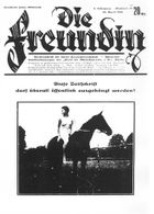 Reproduction of a German magazine cover with the title "Die Freundin" showing a nude woman sitting on a horse, looking behind her