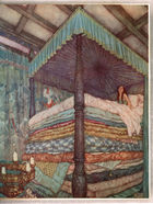 A young woman with long dark hair sitting up in a four-poster bed piled high with mattresses.