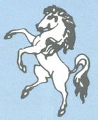 An illustration of a white horse rearing up on its hind legs.