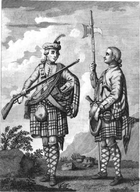 A black and white draing of two men wearing Scottish military garb, placed against a backdrop of countryside. Both are wearing kilts and argyled knee-length socks. One carries a musket, while the other has a halberd, and appears to have sword by his side.