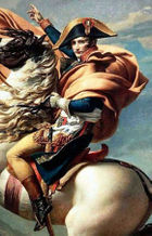 Portrait painting of a horse rearing-up at a 45-degree angle with a man sitting on it and pointing forwards with his right hand whilst holding onto the reins with his left