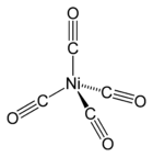 A nickel atom with four single bonds to carbonyl (carbon triple-bonded to oxygen; bonds via the carbon) groups which are laid out tetrahedrally around it