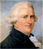 Head and shoulders portrait of a white-haired, portly, middle-aged man with a pinkish complexion, blue velvet coat and a ruffle