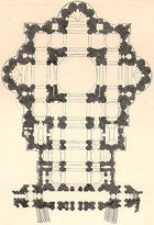  Plan 3. This plan shows a return to the form of plan 1. but with all the various parts made bolder. The nave that has been added is very different to that of plan 2. There is a large chapel to either side of the nave, and a vestibule across the front.