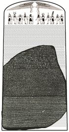 "Image of the Rosetta Stone set against an reconstructed image of the original stele it came from, showing 14 missing lines of hieroglyphic text and a group of Egyptian deities and symbols at the top"