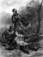 A man, wearing armour and a surcoat, lies on the ground.  His helmet is off, and his face is turned towards a kneeling knight, who is supporting him.  Standing behind the two is another knight, whose sword and shield are held at the ready.